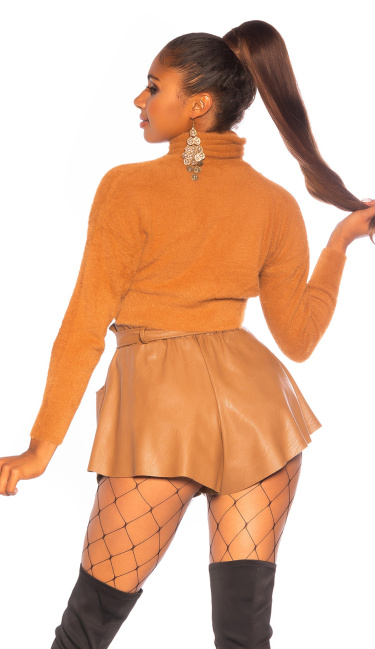 Leather Look Shorts with Belt Brown